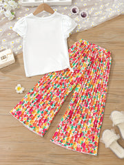 Girl's 2pcs T Shirt & Pleated Wide Leg Pants Set Anime Print Top Casual Outfits