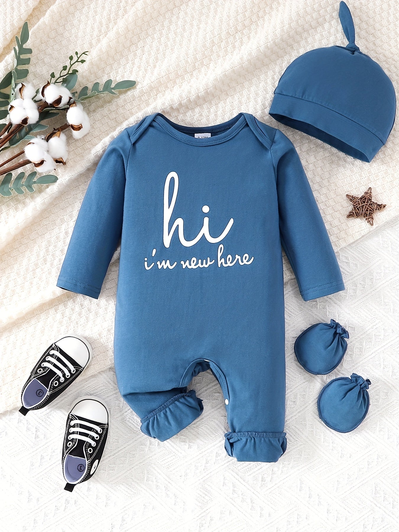 Hi I m Here Letter Print Unisex Baby Romper Hat Gloves Set