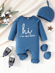 Hi I m Here Letter Print Unisex Baby Romper Hat Gloves Set