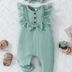 2pcs Baby Girls Mesh Ruffled Sleeves Rompers & Headband