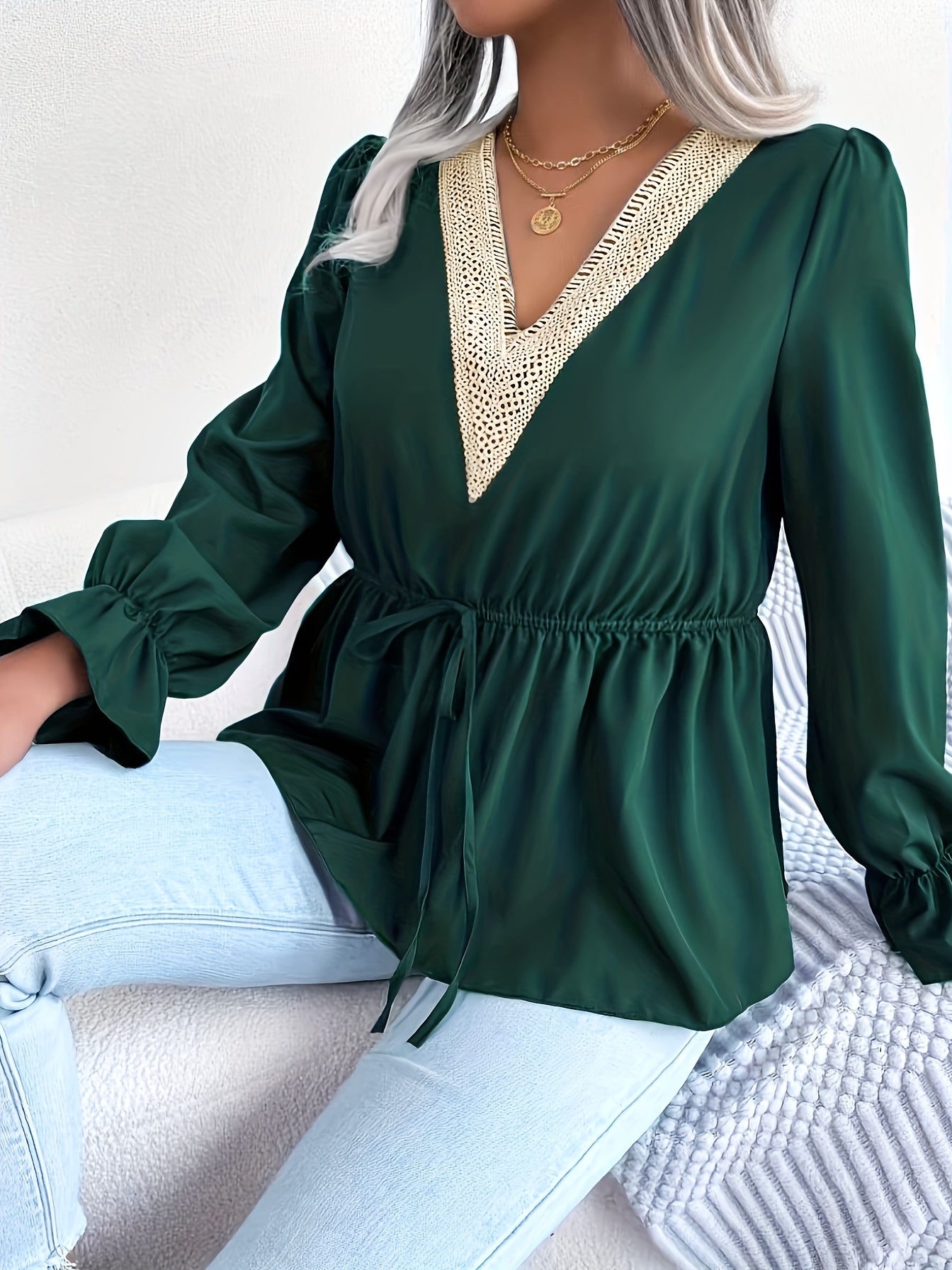 Women's Plus Solid Long Bell Sleeve Applique V Neck Drawstring Waist Blouse