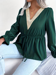 Women's Plus Solid Long Bell Sleeve Applique V Neck Drawstring Waist Blouse