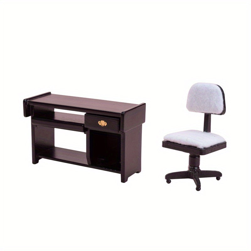 1:12 Dollhouse Computer Desk and Chair Set - Durable Accessories for Play