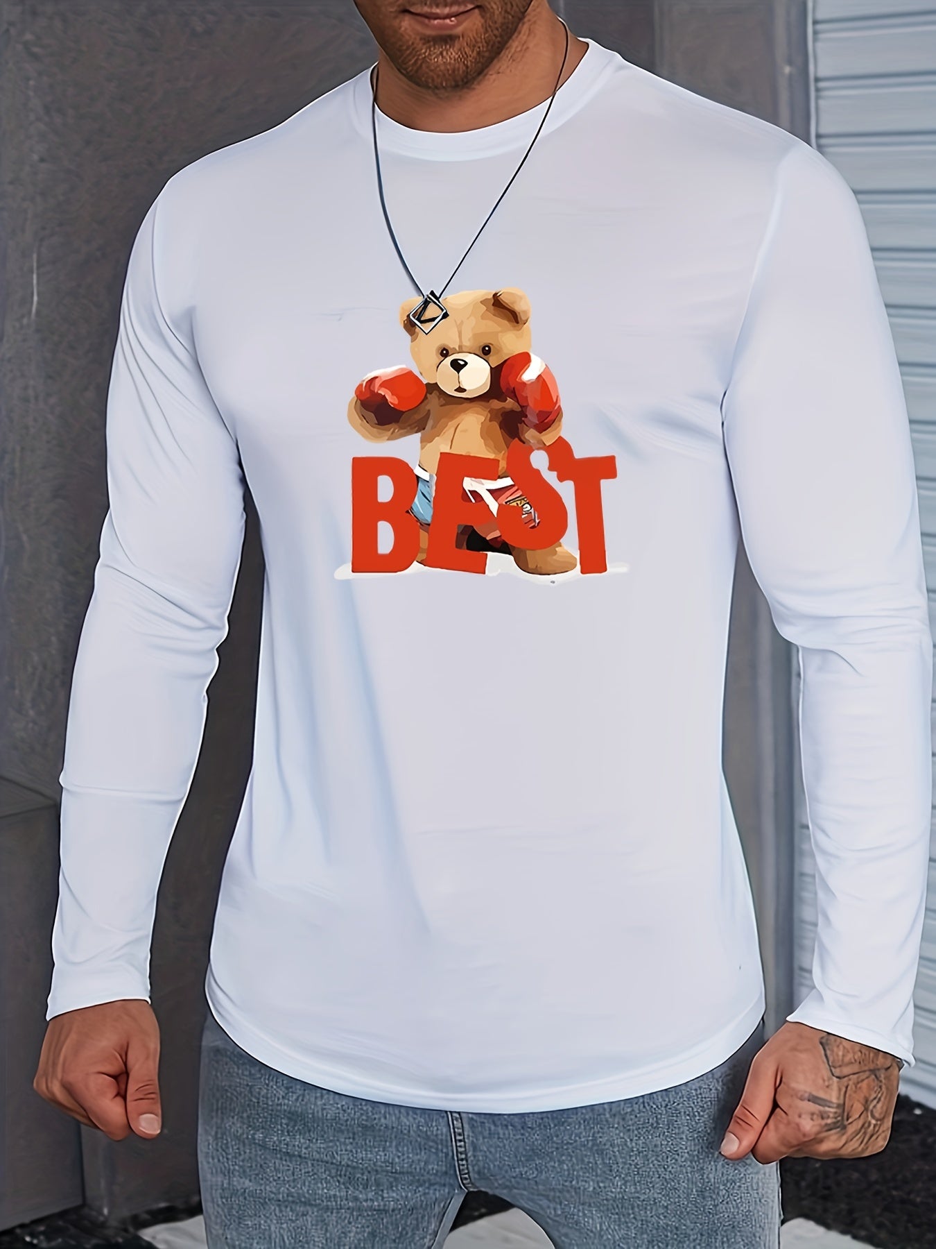 Teddy Bear Boxer Pattern Print Men's Long Sleeve T-Shirt