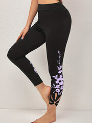 Floral Print Cut Out Cropped Leggings High Waist Skinny Casual Leggings