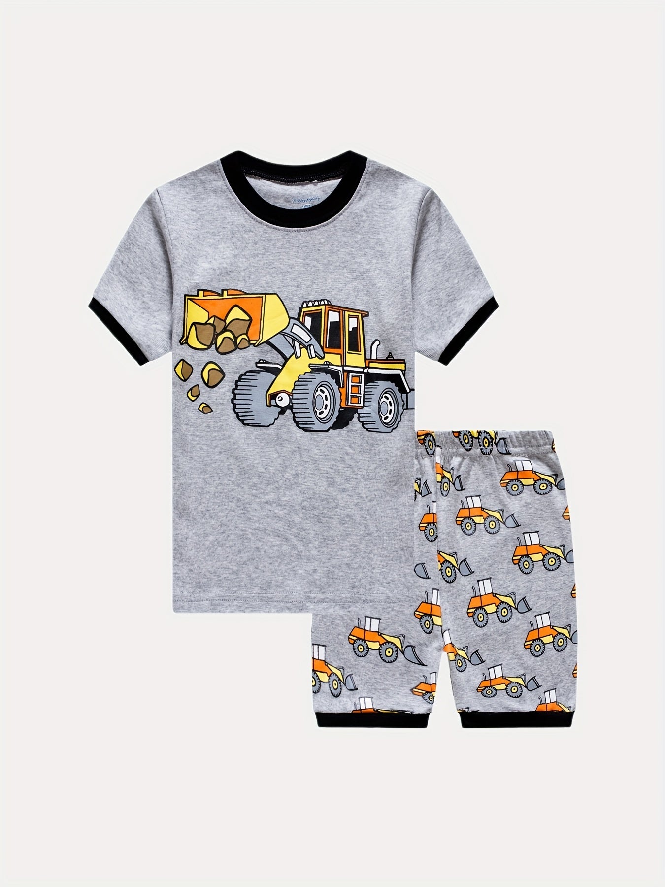 Excavator Print Pajama Set for Boys Crew Neck Short Sleeve Top & Shorts
