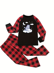 Plaid & Dino Print Round Neck Tee & Pants Lounge Set