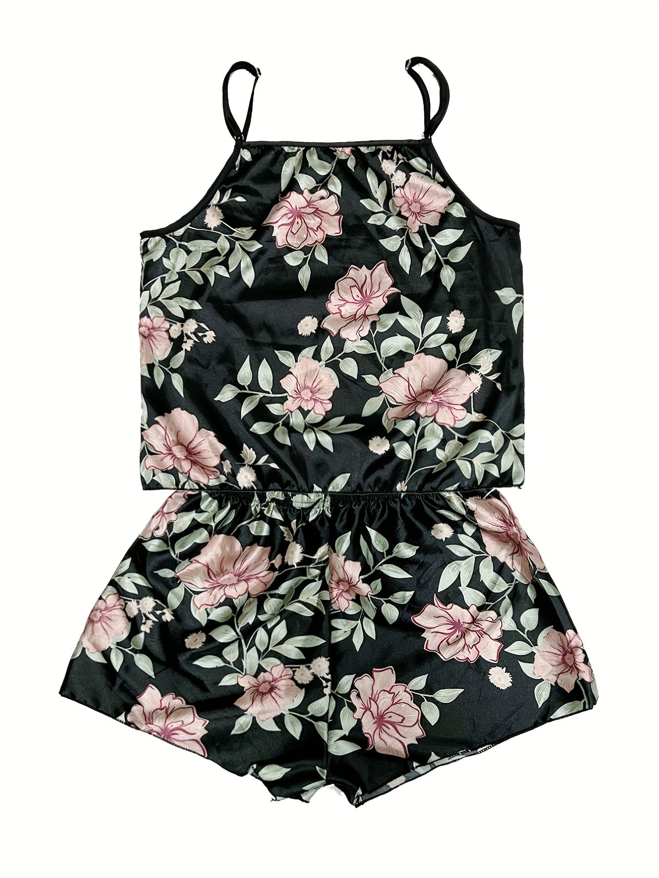 Floral Print Pajama Set Satin Cami Top & Shorts