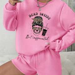 Women's Plus Skull Print Long Sleeve Sweatshirt & Shorts Set