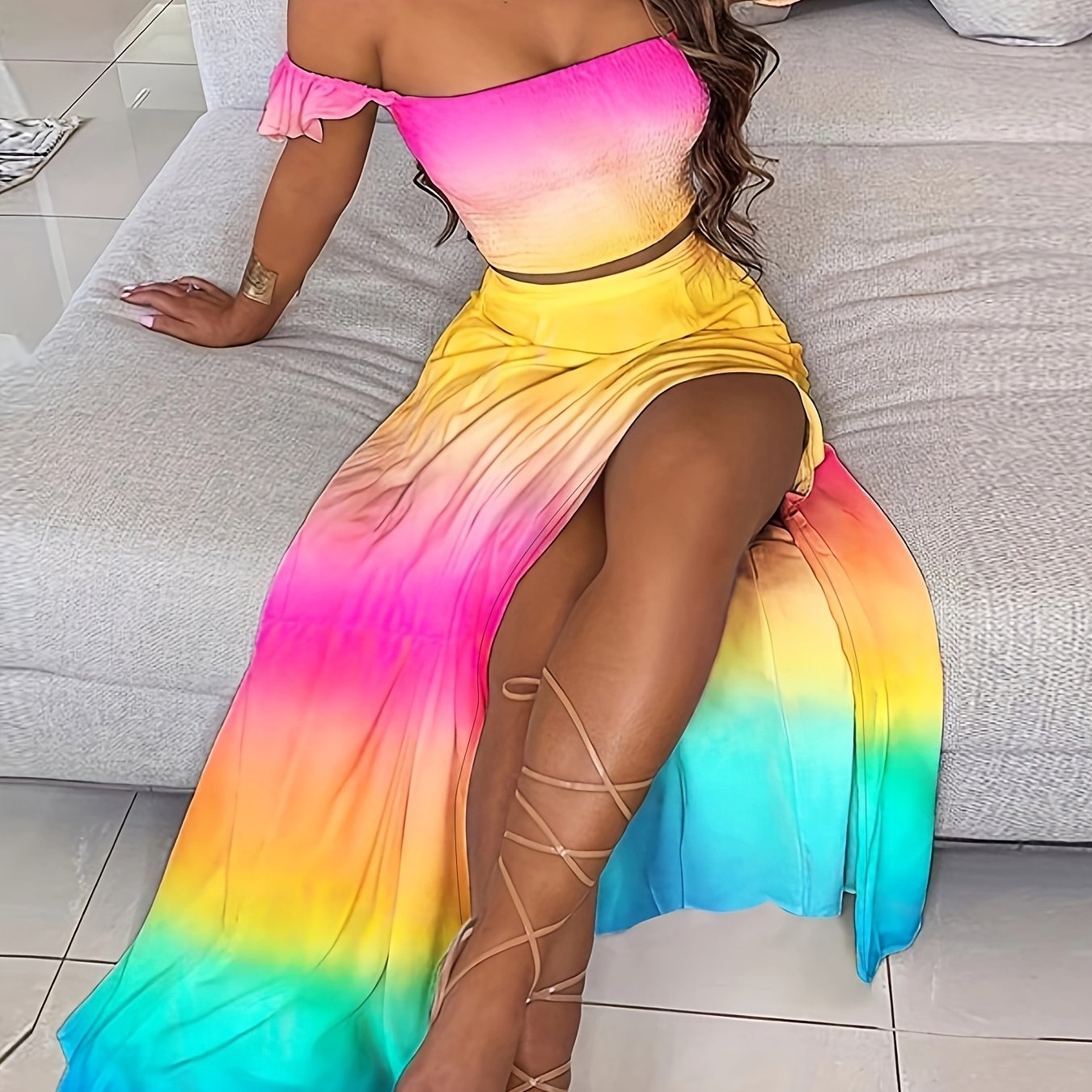 Gradient Sext Two piece Set Shirred Off Shoulder Tops & High Waist Maxi Skirts