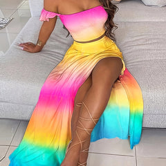 Gradient Sext Two piece Set Shirred Off Shoulder Tops & High Waist Maxi Skirts