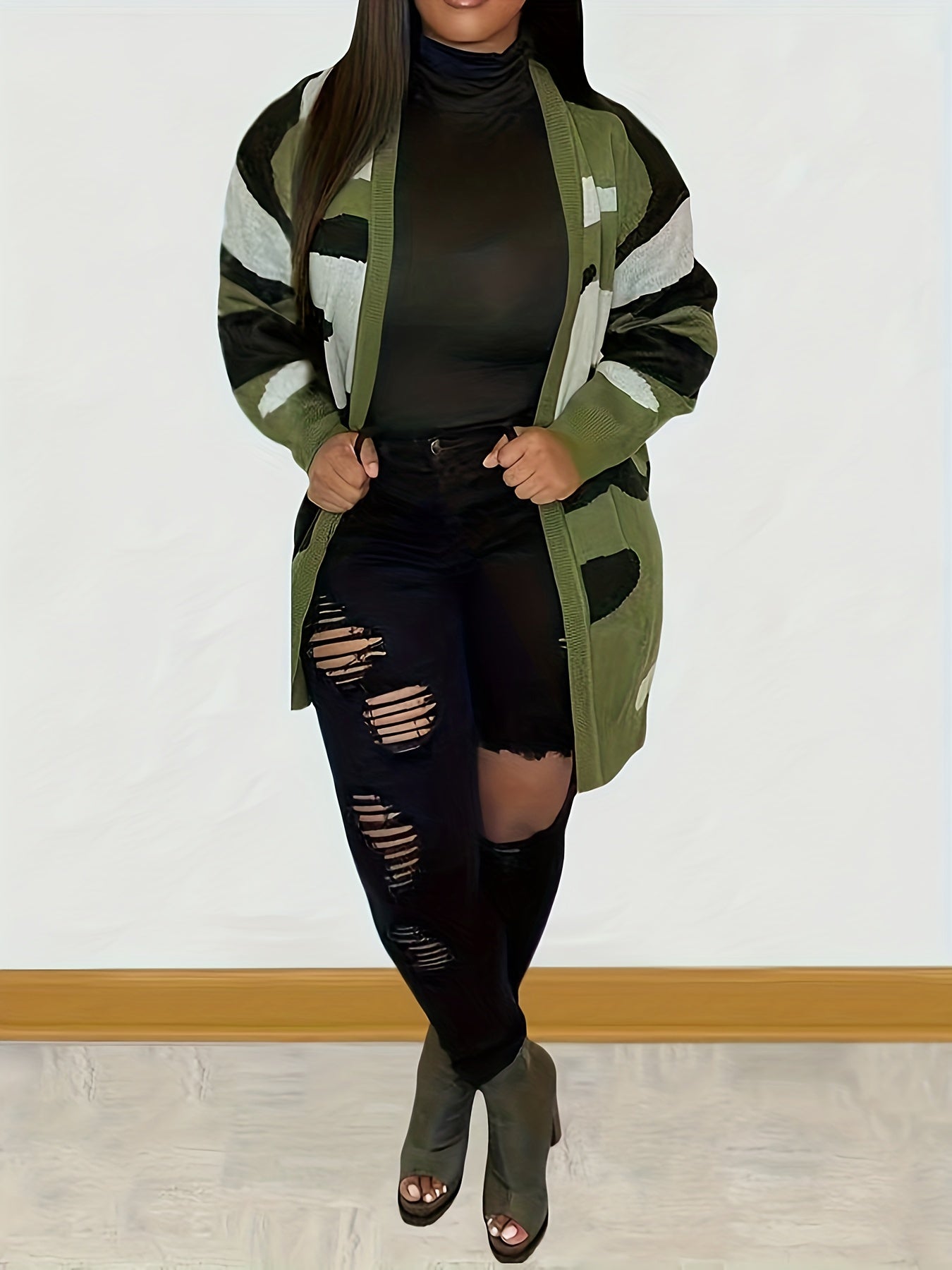 Women's Plus Camo Knitted Long Sleeve Open Front Cardigan