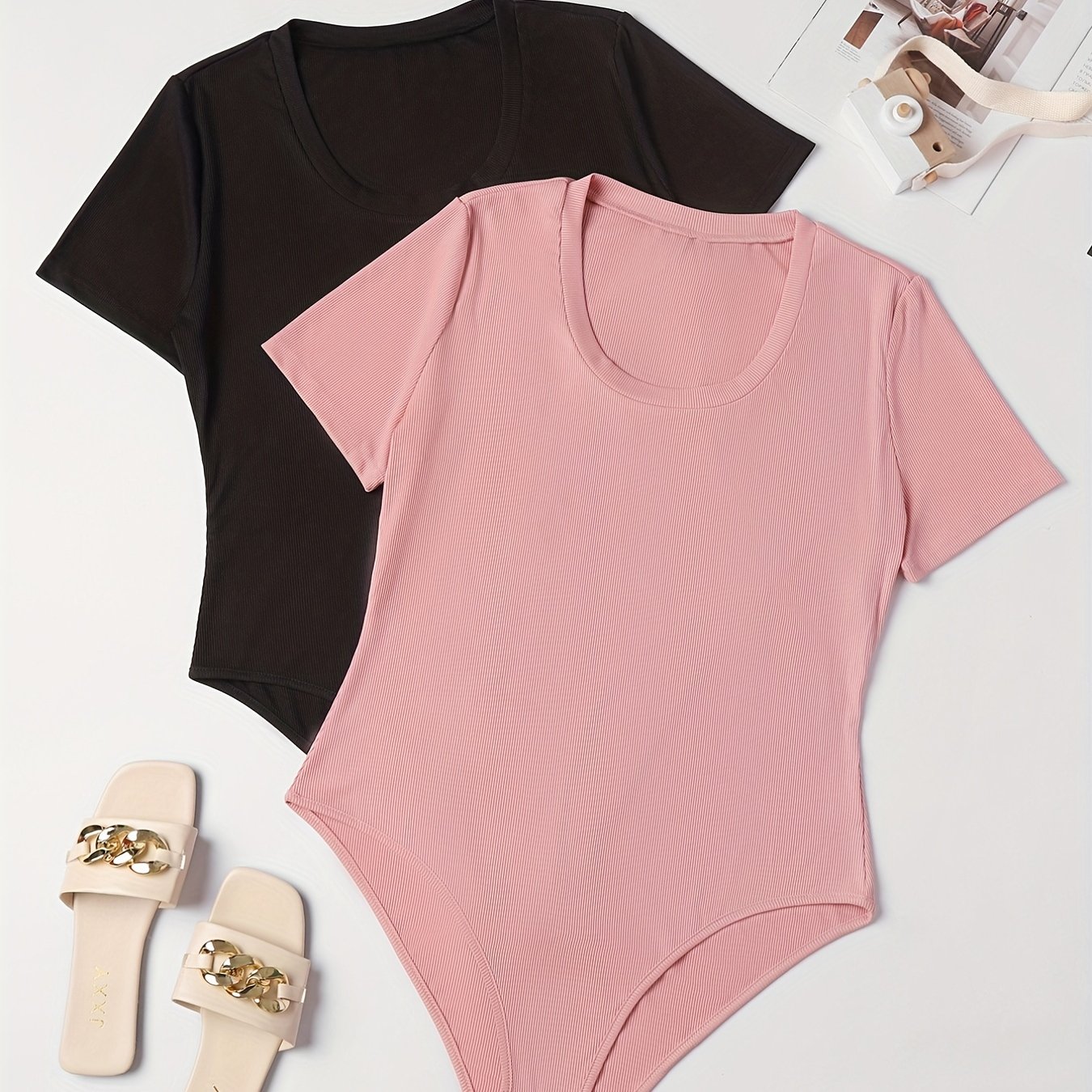 2 Pack Plus Size Basic Bodysuit Women's Plus Round Neck Short Sleeve Bodysuit