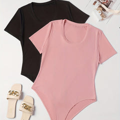 2 Pack Plus Size Basic Bodysuit Women's Plus Round Neck Short Sleeve Bodysuit
