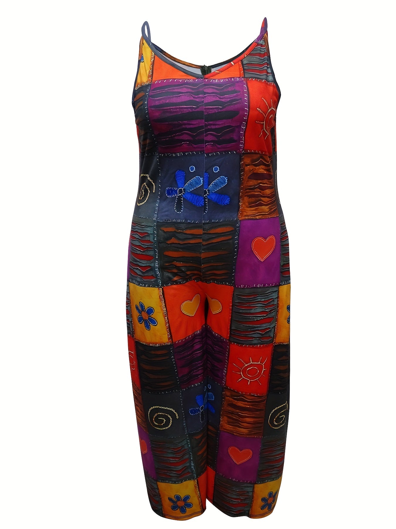 Patchwork Print V Neck Jumpsuit