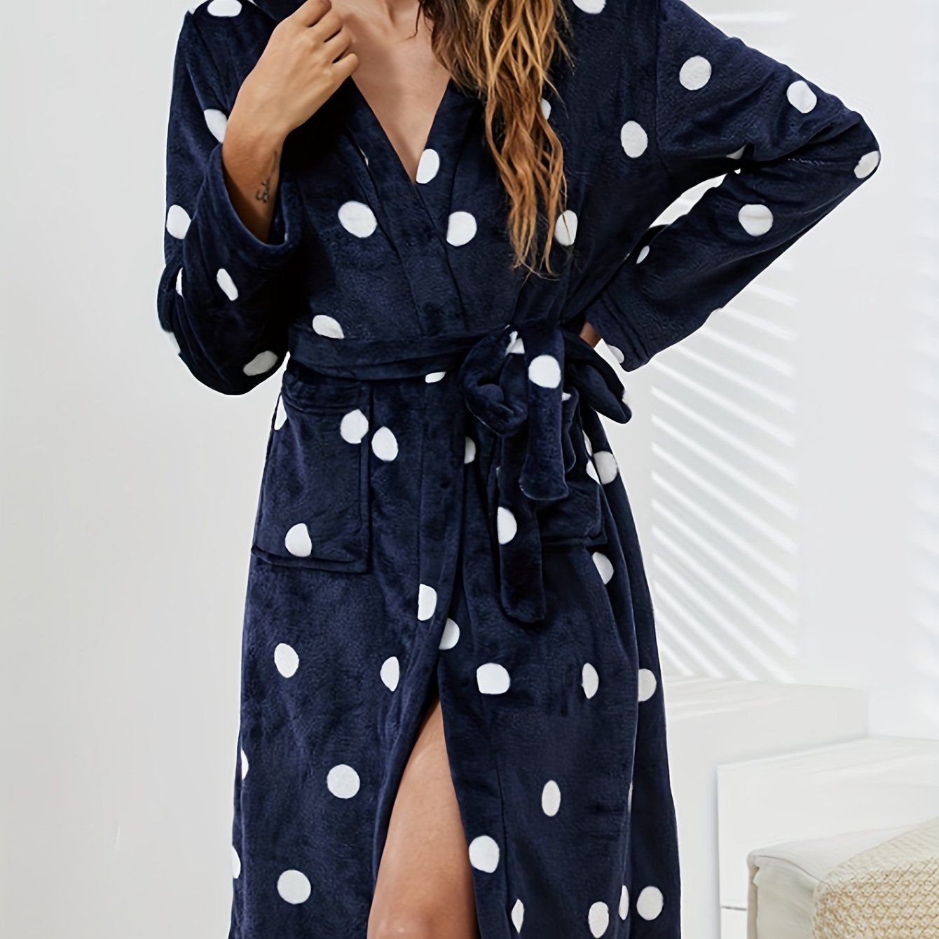 Polka Dot Fuzzy Night Robe Long Sleeve Hooded Robe