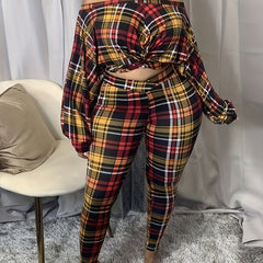 Plaid Twist Front Off Shoulder Crop Top & Leggings Set