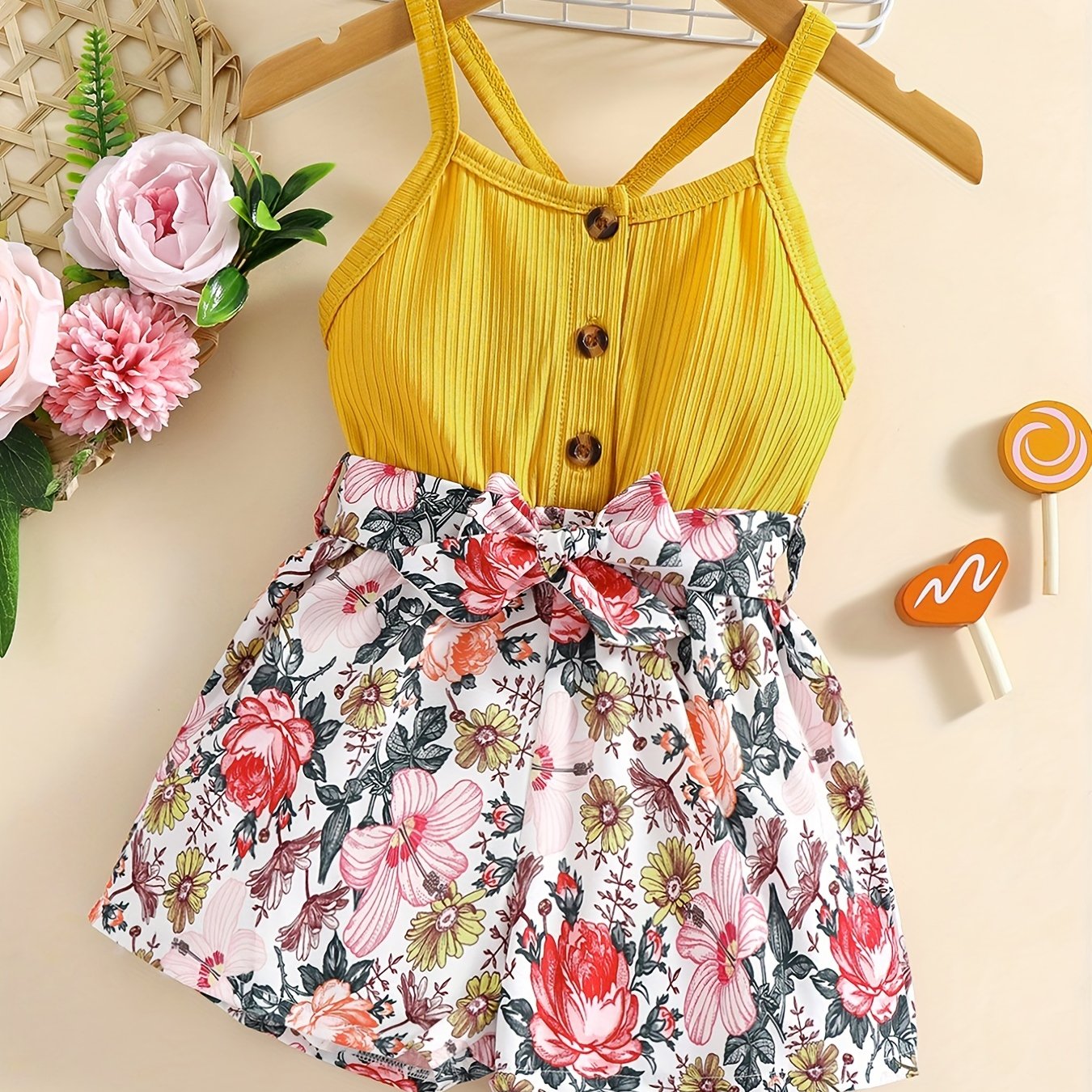 Baby Girls Floral Print Racer Back Romper Jumpsuit