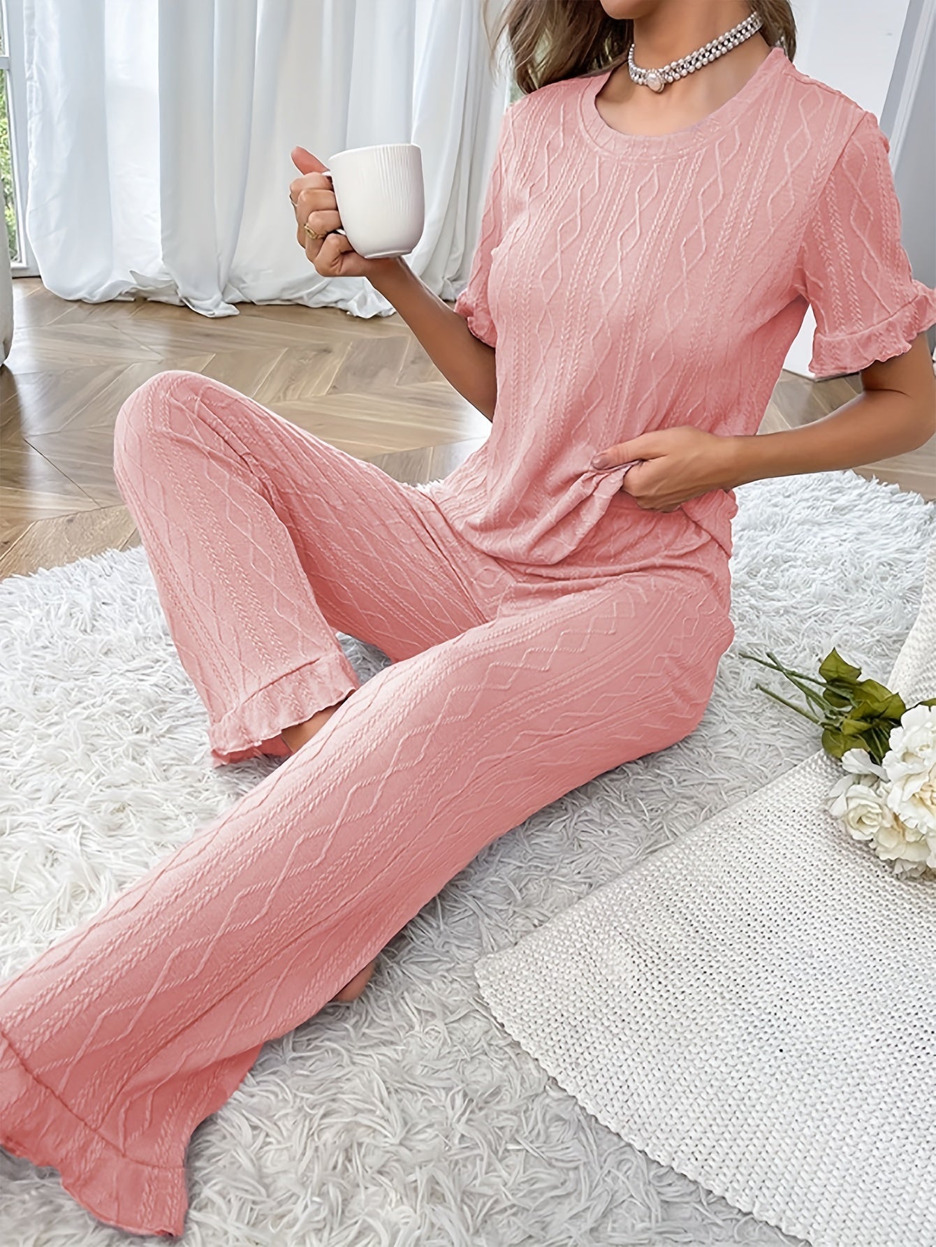 Solid Textured Short Sleeve Ruffle Trim Tee & Pants 2 Pc Set