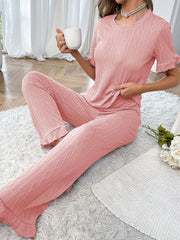 Solid Textured Short Sleeve Ruffle Trim Tee & Pants 2 Pc Set