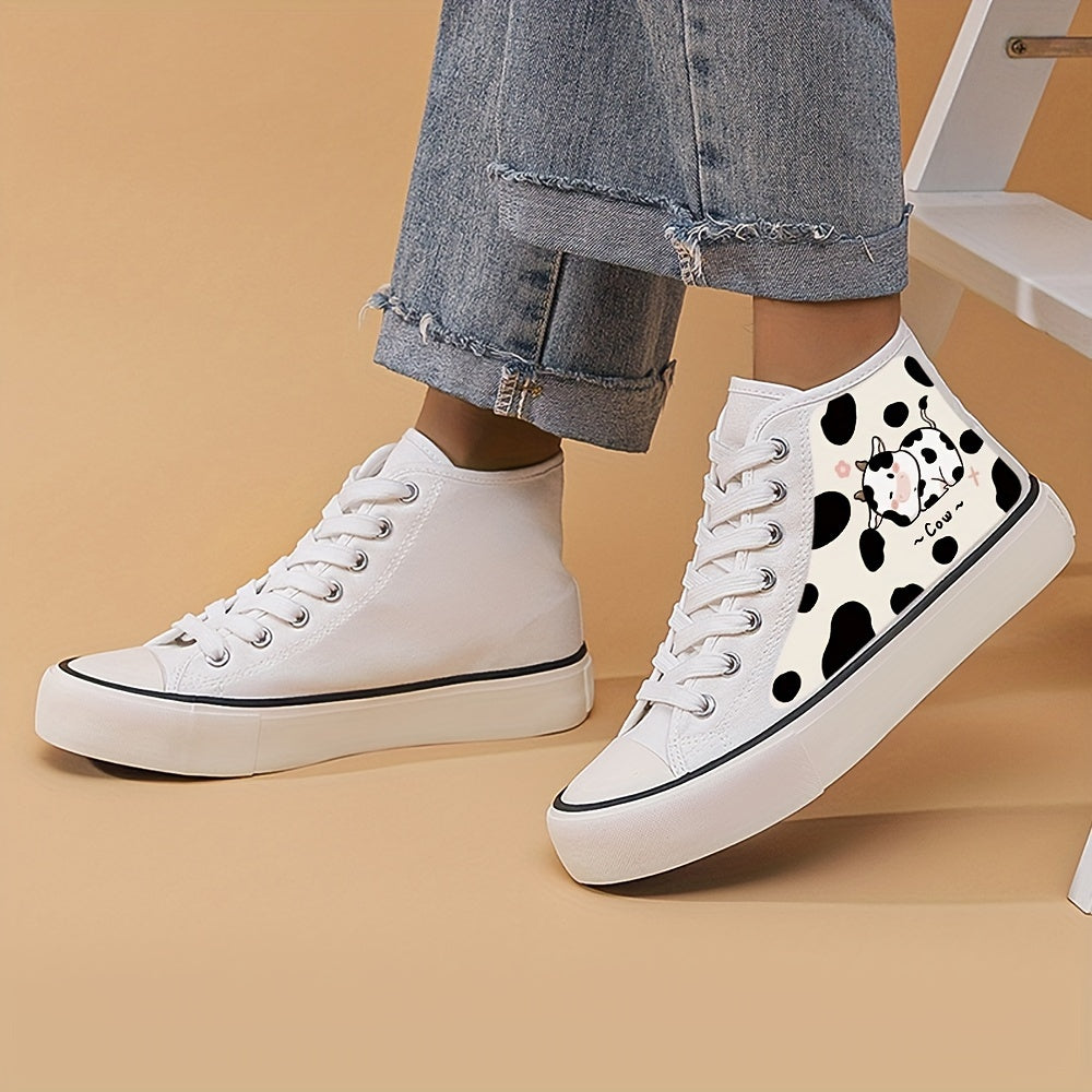 Cow Print High Top Chunky Canvas Sneakers