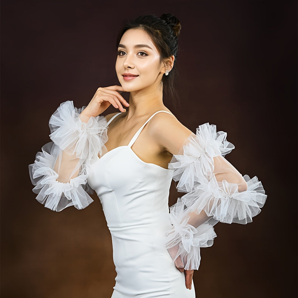 Bridal Wedding Gloves with Mesh & Fluffy Sleeves