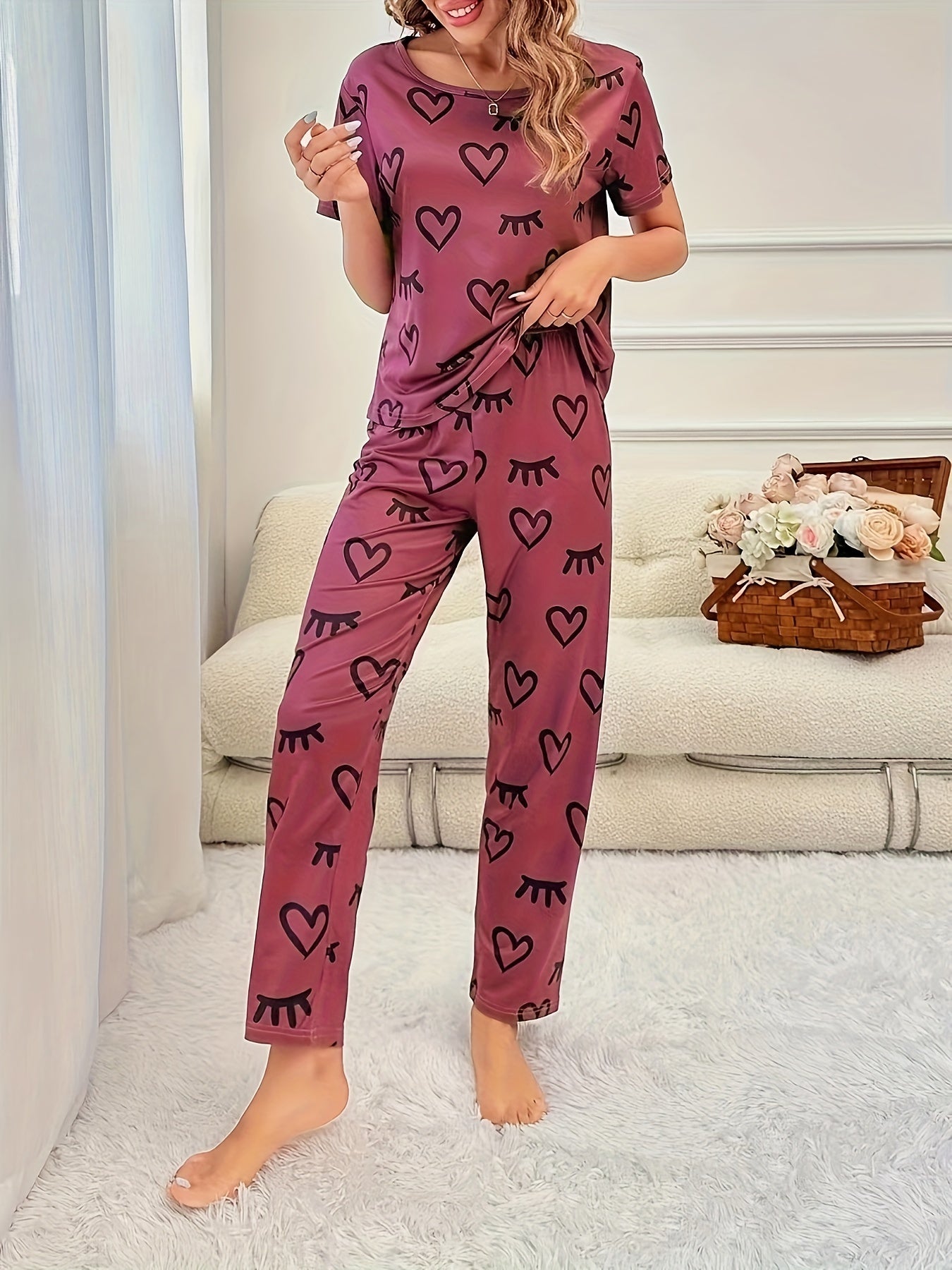 Heart Print Pajama Set Short Sleeve Crew Neck Top & Elastic Waistband Pants