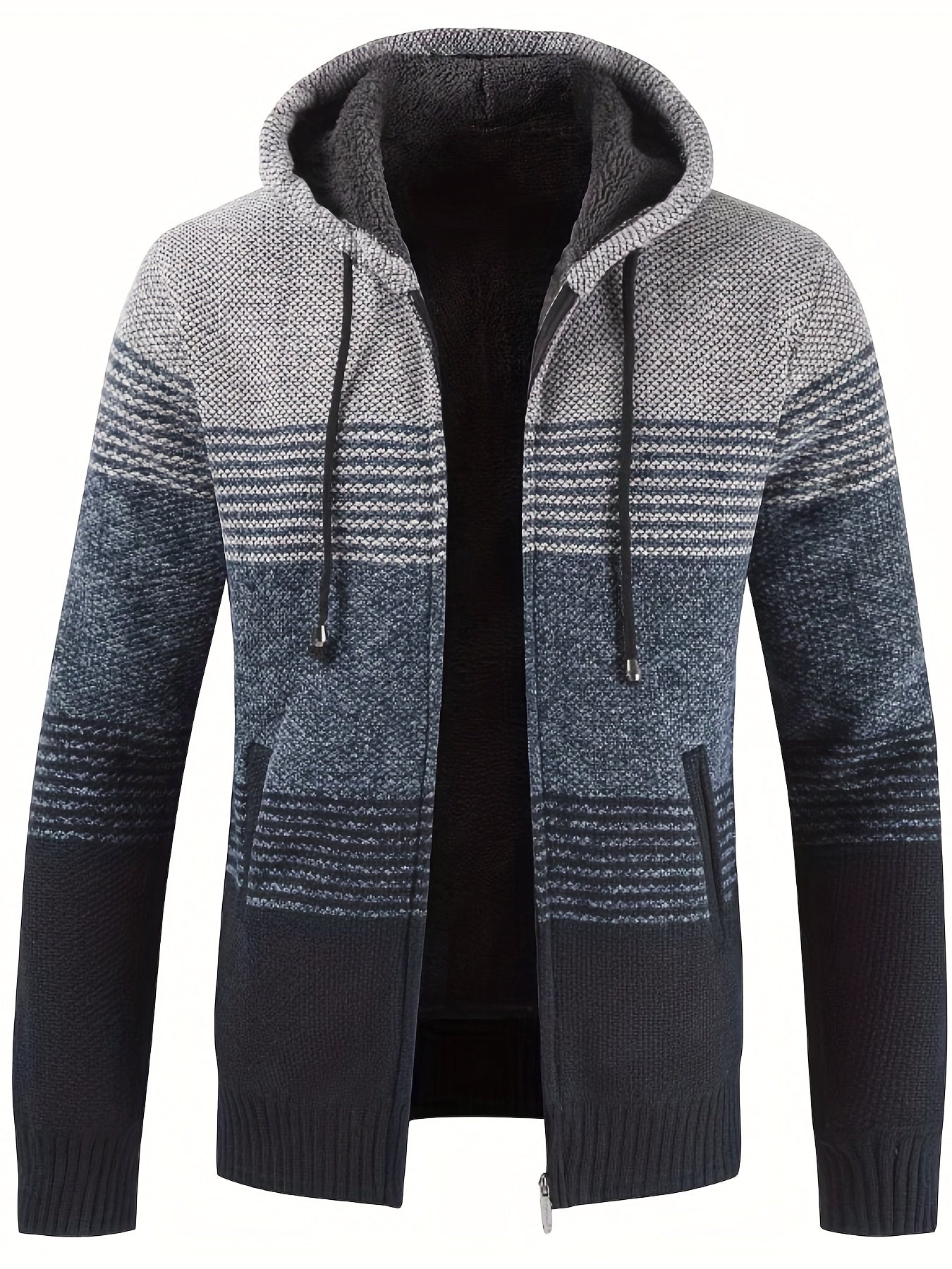 Knitted Stripes Fleece Hooded Cardigan Men's Zip Up Coat