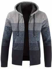 Knitted Stripes Fleece Hooded Cardigan Men's Zip Up Coat