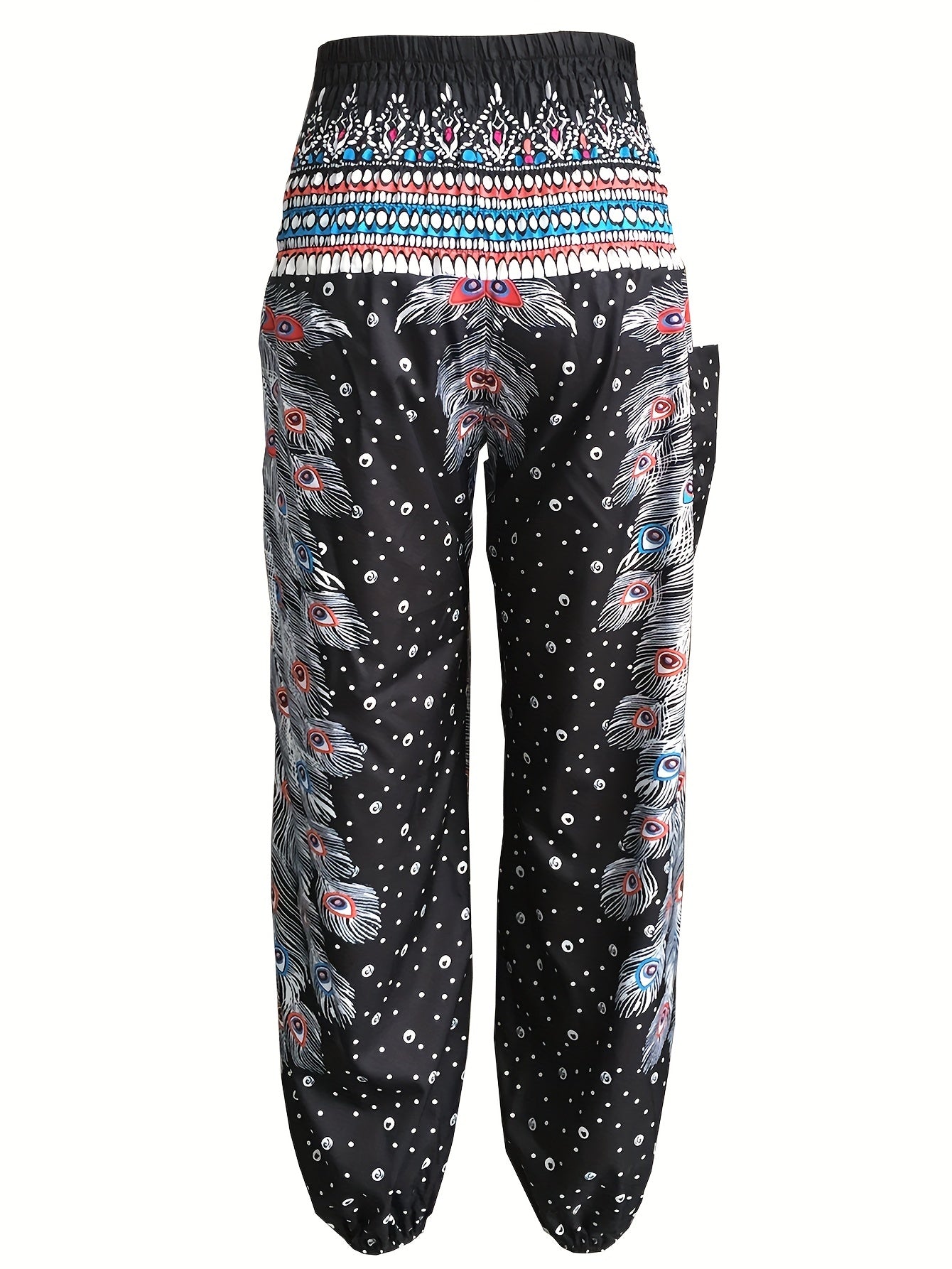Feather Print High Rise Carrot Pants With Pockets