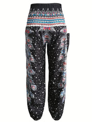 Feather Print High Rise Carrot Pants With Pockets