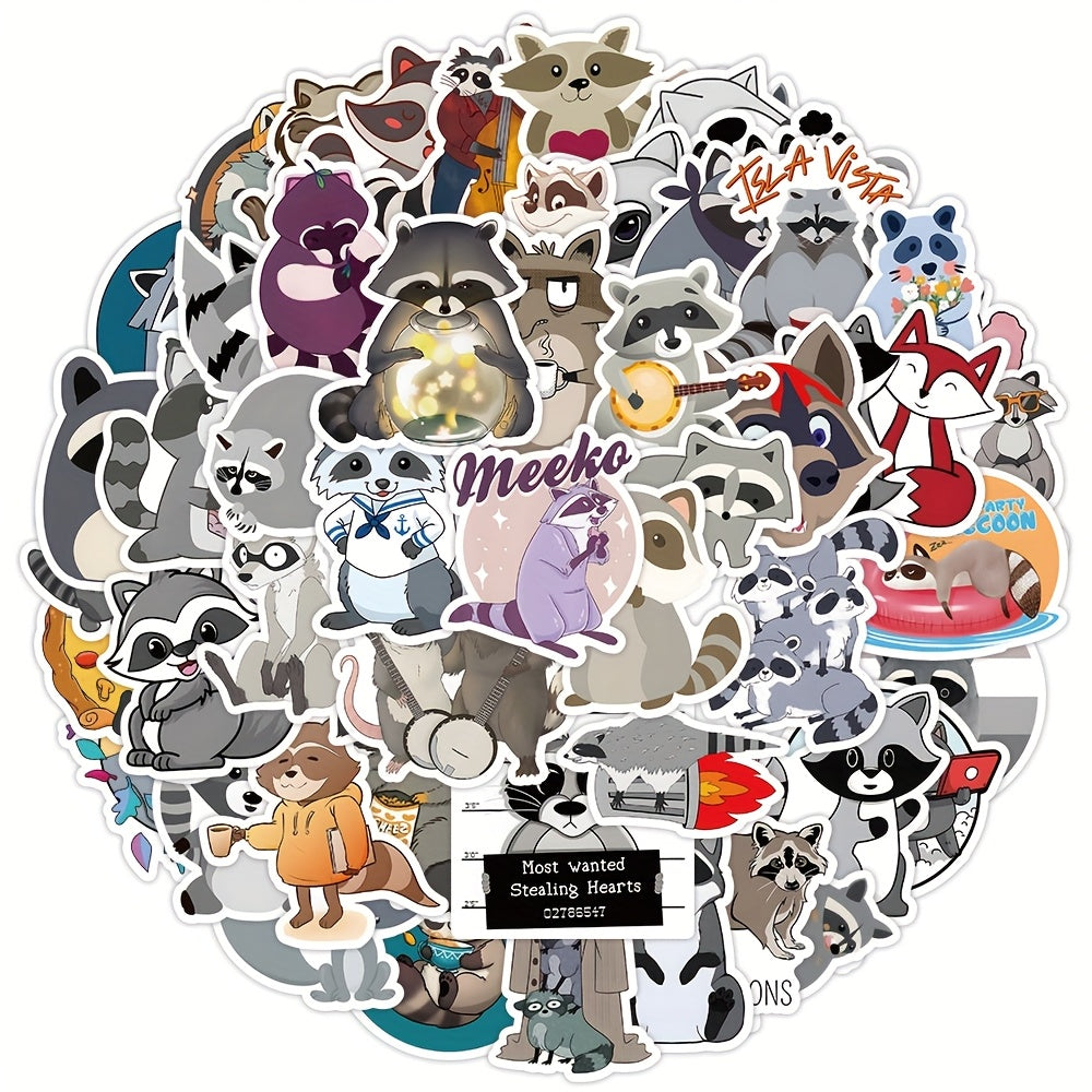 50 Cartoon Raccoon Stickers - Reusable Animal Decals