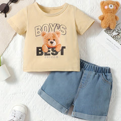 2pcs Baby Boys Bear Graphic T shirt & Denim Shorts Set Summer Clothes