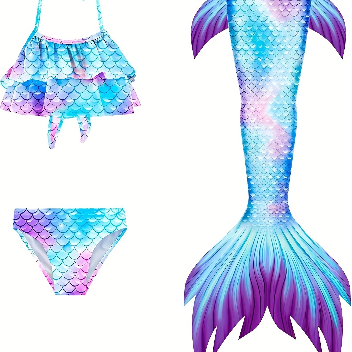 Girl's Tie Dye Mermaid Swimsuit 3pcs Bikini Set & Mermaid Tail Fish Scale Print