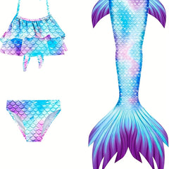Girl's Tie Dye Mermaid Swimsuit 3pcs Bikini Set & Mermaid Tail Fish Scale Print