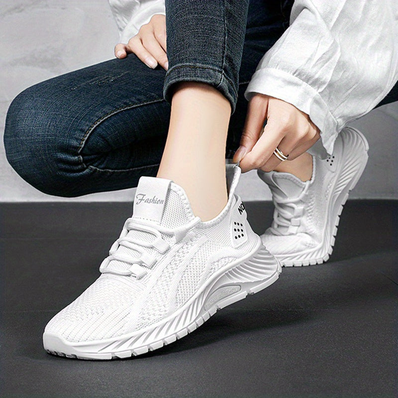 Women's Solid Knit Sneakers Lace Up Low Top Mesh Sports Shoes