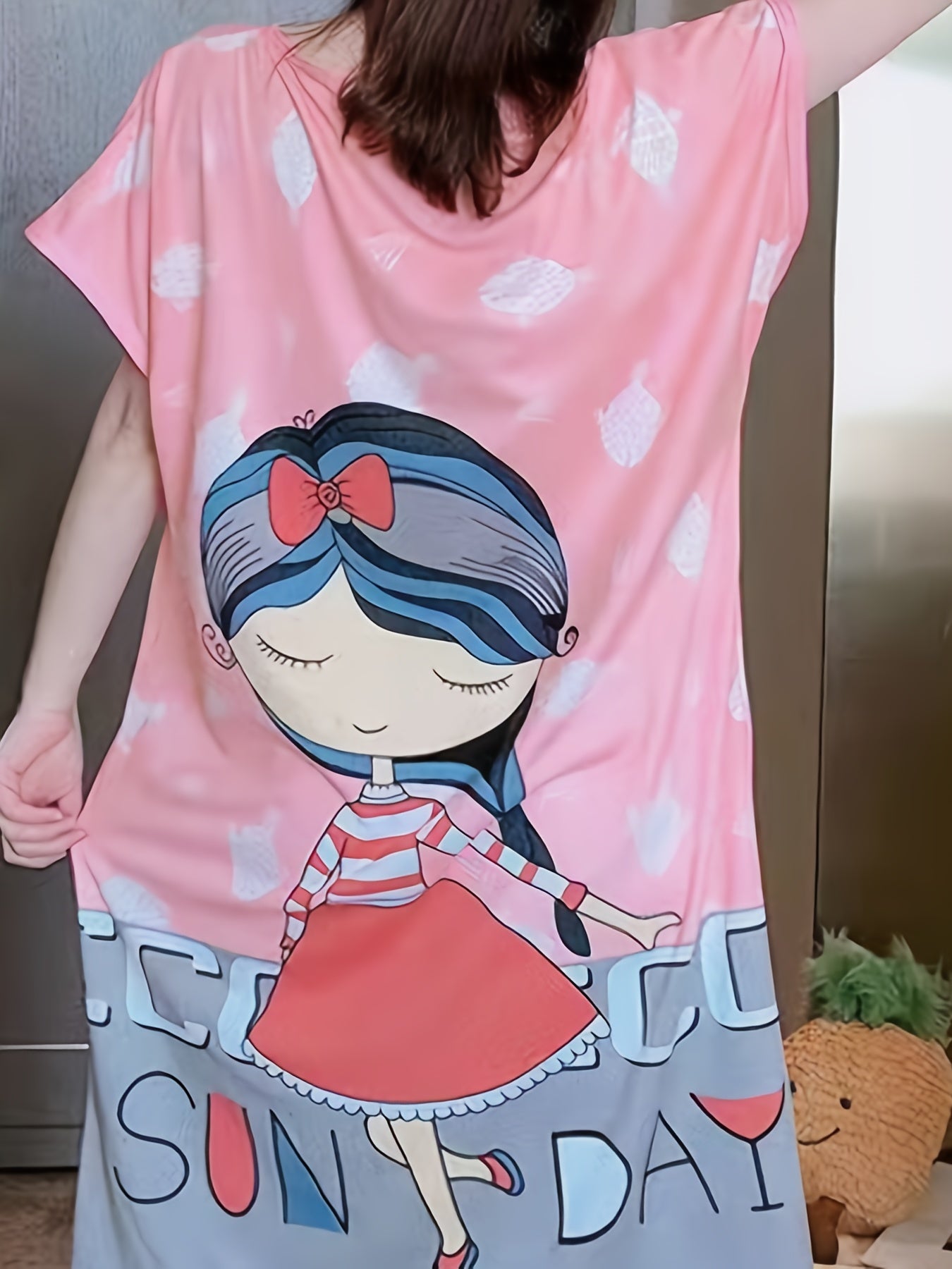 Cartoon Print Loose Sleep Dress & Short Sleeve Women's Loungewear