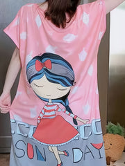 Cartoon Print Loose Sleep Dress & Short Sleeve Women's Loungewear