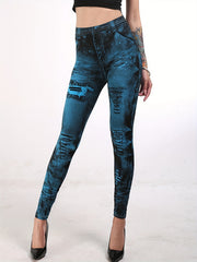 High Waist Denim Print Leggings Skinny Casual Leggings
