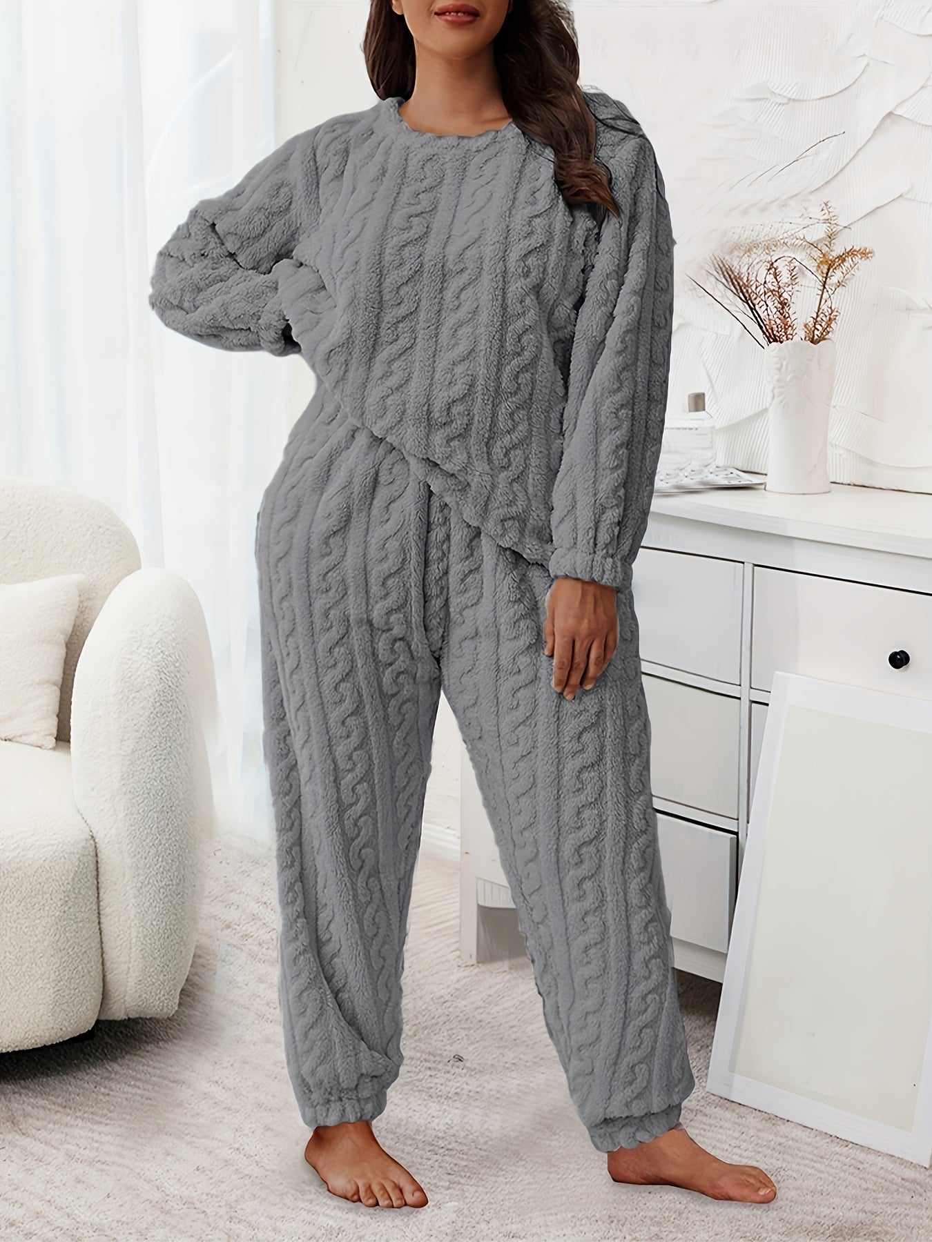 Flannelette Loungewear Set Crew Neck Top & Joggers Pajamas