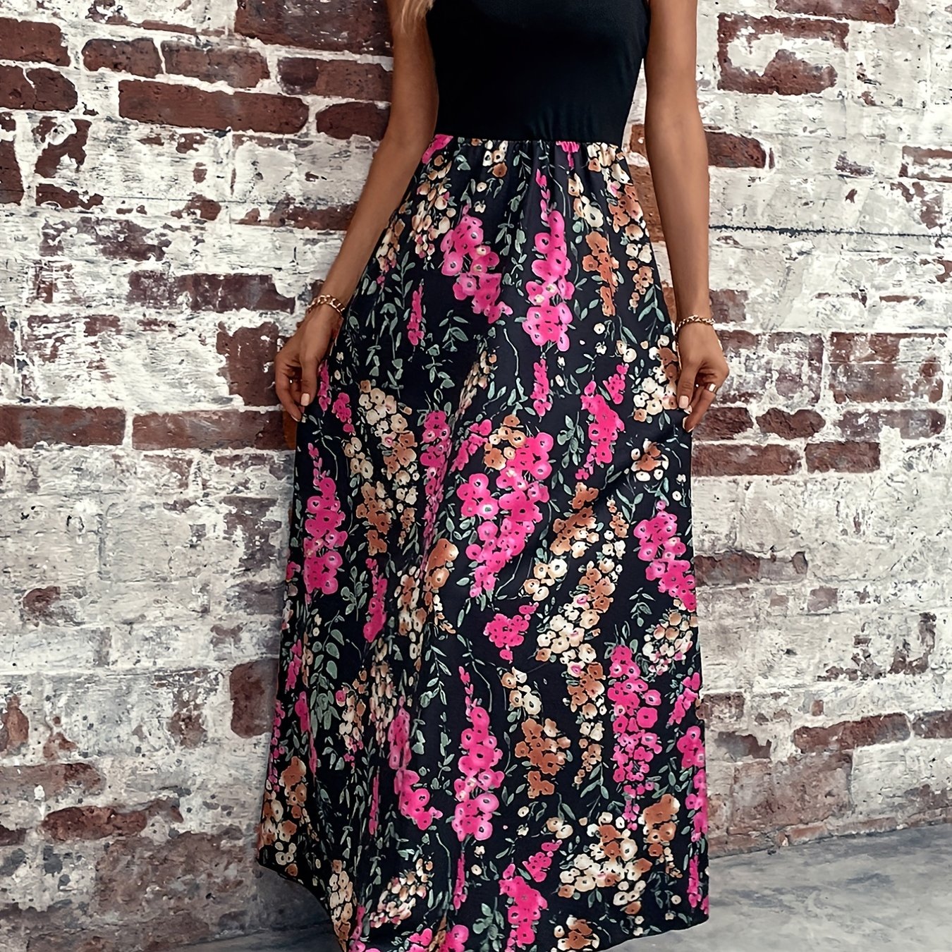 Floral Print Splicing Tank Dress Sleeveless Maxi Dress Women's Clothing