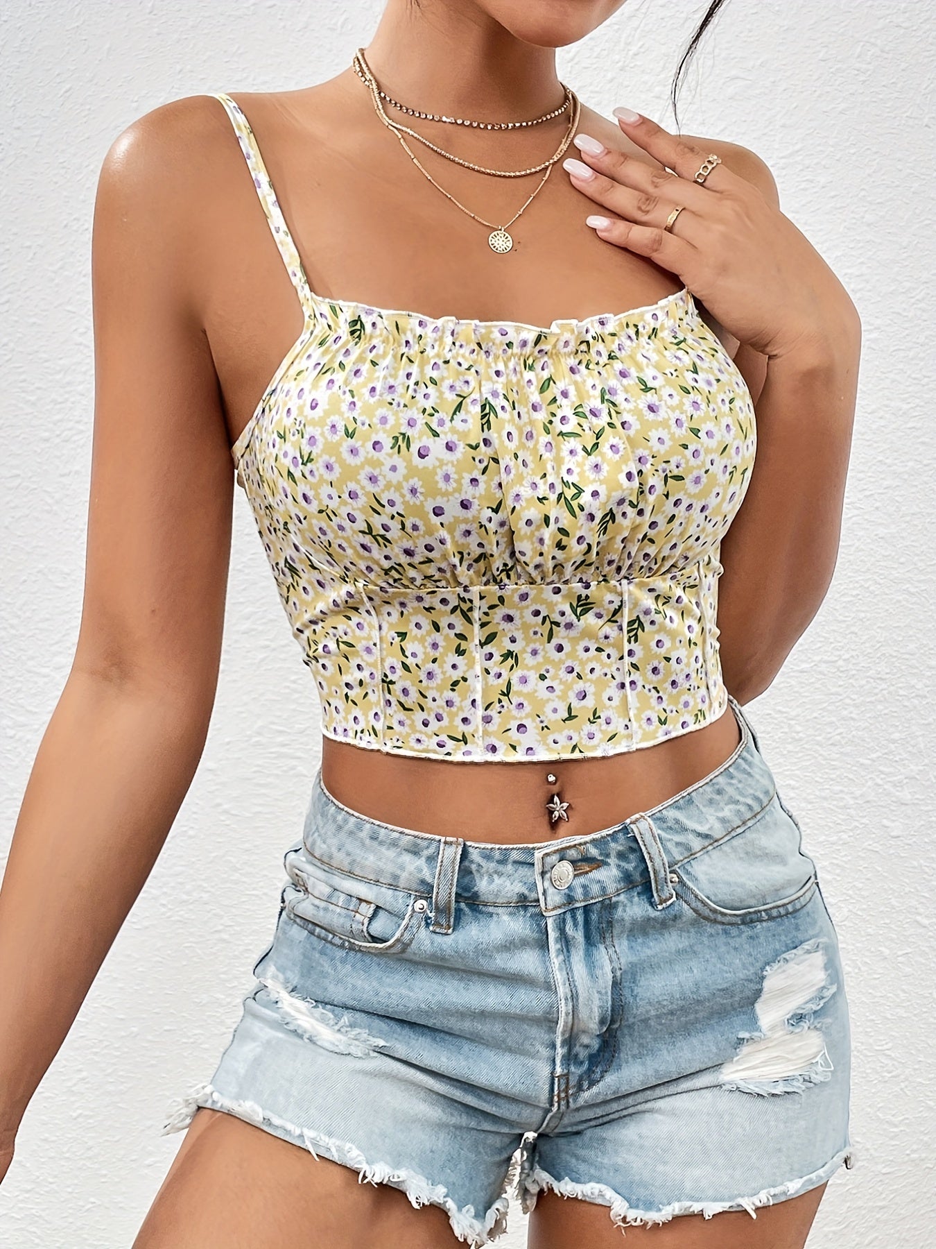 Floral Crop Spaghetti Strap Top Backless Cami