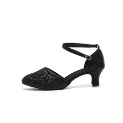 Sequined Latin Dance Shoes with Ankle Straps & Kitten Heels