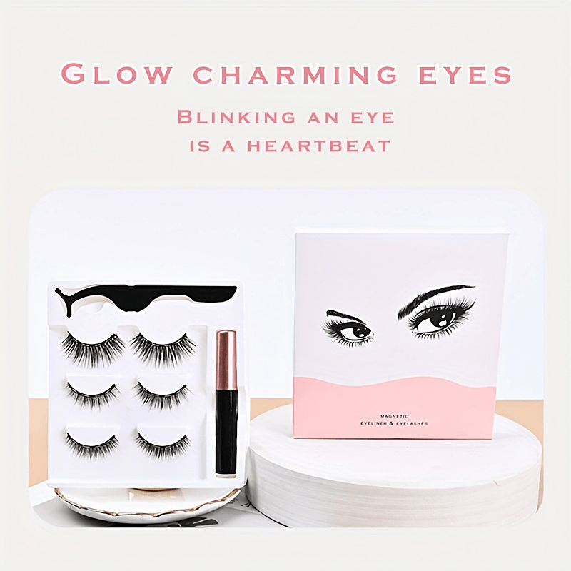 3 Pairs Magnetic Eyelash Set with Liquid Pen, Tweezers & Glue