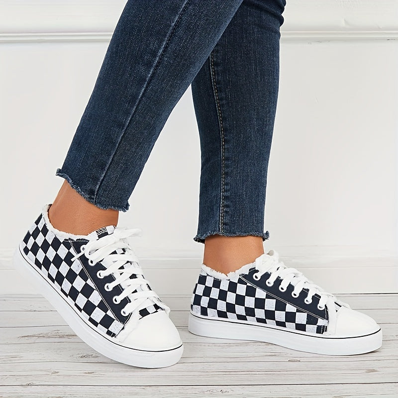 Women's Plaid Lace Up Canvas Sneakers Lightweight Shoes