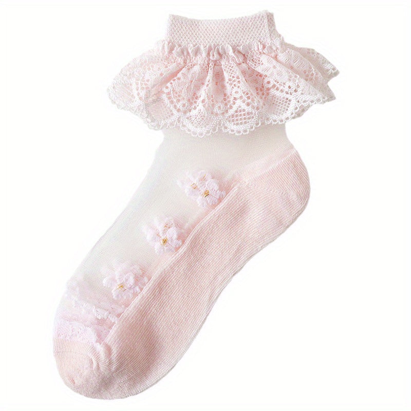 2 Pairs Girls Kids Ice Silk Lace Ruffled Princess Socks