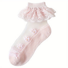 2 Pairs Girls Kids Ice Silk Lace Ruffled Princess Socks