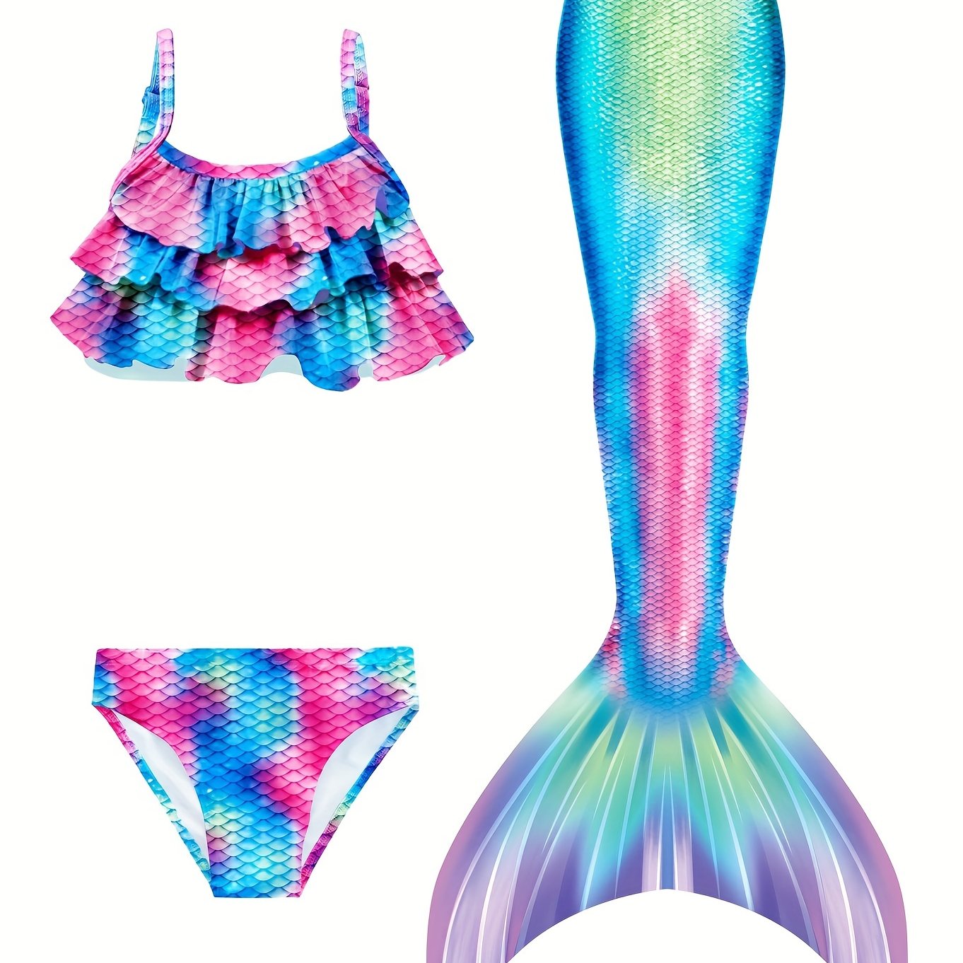 Girl's Mermaid Swimsuit 3pcs Bikini Set & Mermaid Tail Fish Scale Print Ruffle
