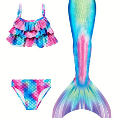 Girl's Mermaid Swimsuit 3pcs Bikini Set & Mermaid Tail Fish Scale Print Ruffle
