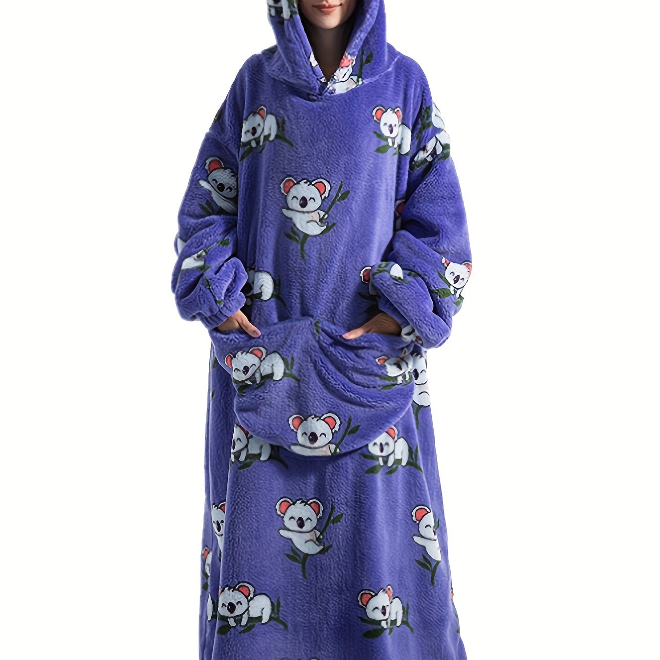 Koala Pattern Flannel Fleece Nightgown with Sleeves & Pockets